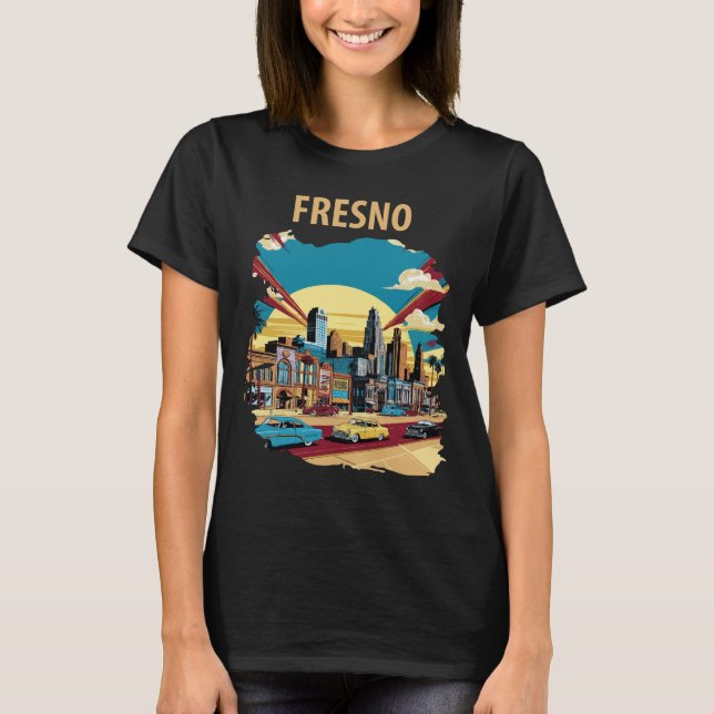 Fresno California Cityscape Neon Travel T-Shirt (Front)
