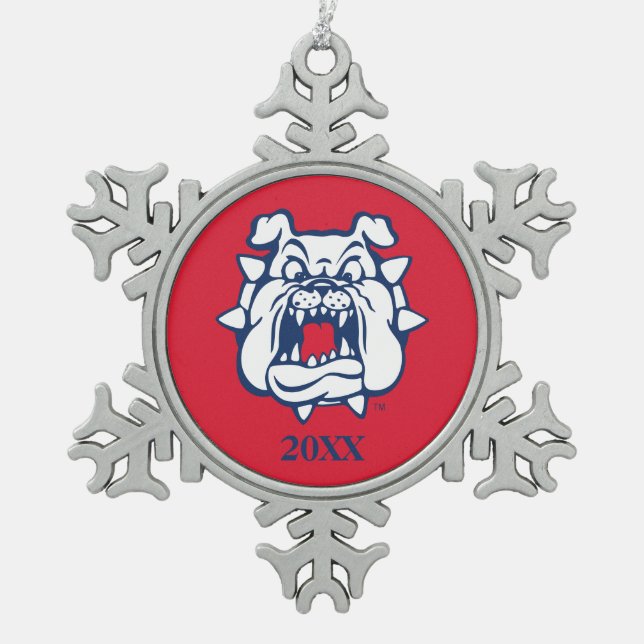 Fresno State Bulldog Head Snowflake Pewter Christmas Ornament (Front)