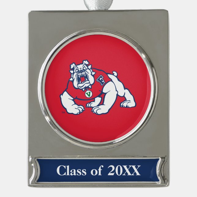 Fresno State Bulldog with Year Silver Plated Banner Ornament (Front)