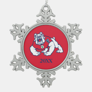 Fresno State Bulldog with Year Snowflake Pewter Christmas Ornament