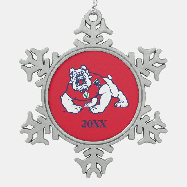 Fresno State Bulldog with Year Snowflake Pewter Christmas Ornament (Front)