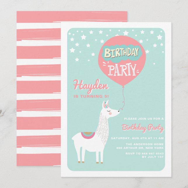 Frestive Alpaca Kids Birthday Party Invitation I (Front/Back)