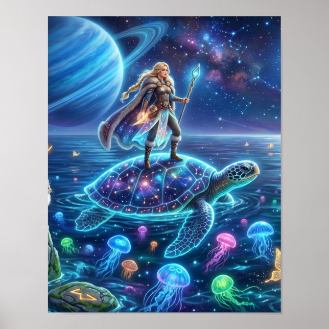 Freya Rides the World Turtle-Nordic Fantasy Art Poster (Front)