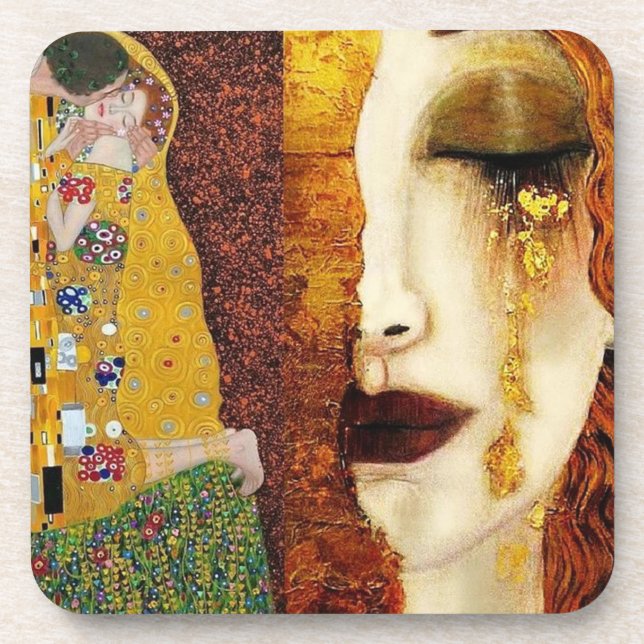 freyas-tears-the-kiss-portraits-by-gustav-klimt beverage coaster (Front)