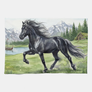 Freydis Black Horse in Nordic Landscape Kitchen Towel