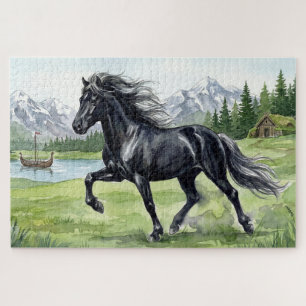 Freydis Black  Icelandic Horse in Nordic Landscape Jigsaw Puzzle
