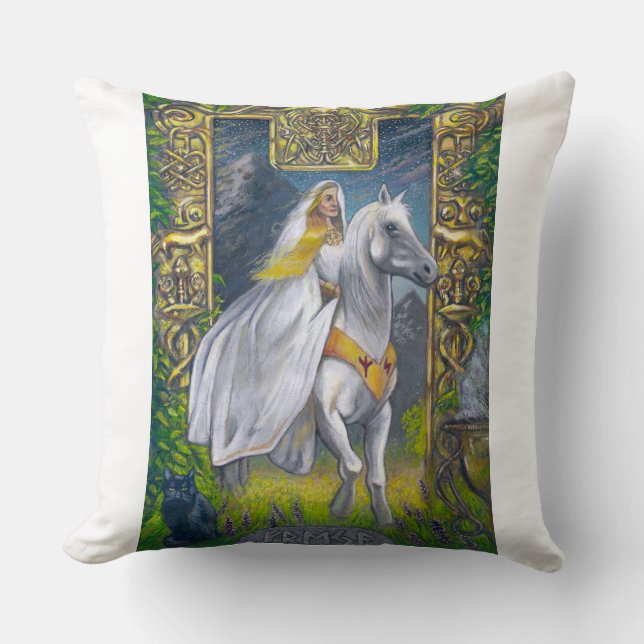 Freyja Rides Through the Arch of Folkvangr Throw Pillow (Front)