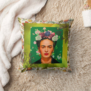 Frida Inspired Floral Portrait Boho Art Throw Pillow