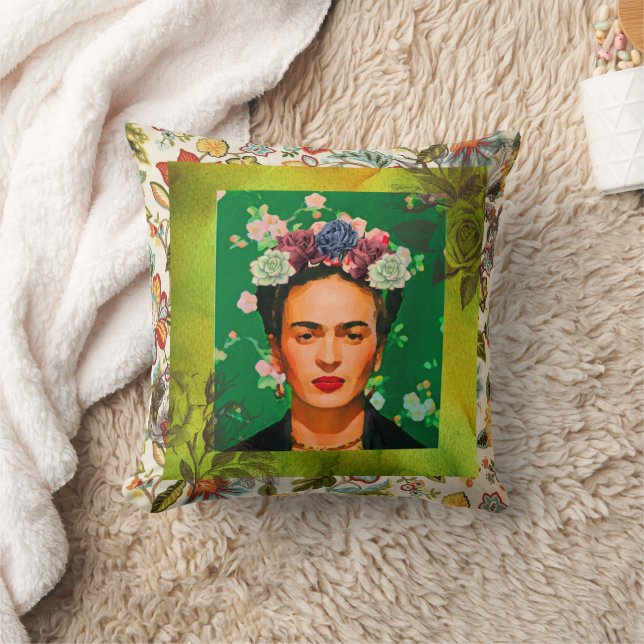 Frida Inspired Floral Portrait Boho Art Throw Pillow (Blanket)