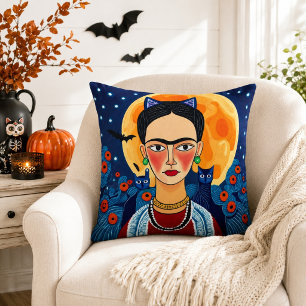 Frida Inspired Folk Art Black Cat Full Moon Boho Throw Pillow