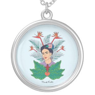 Frida Kahlo Birds of Paradise Floral Graphic Silver Plated Necklace