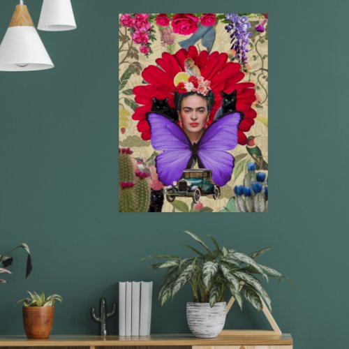 Frida Kahlo Cat Monkey Colorful Floral Collage Poster