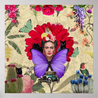 Frida Kahlo Cat Monkey Colorful Floral Collage Poster