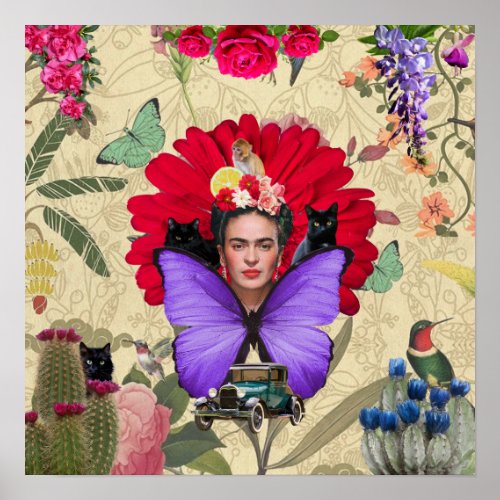 Frida Kahlo Cat Monkey Colorful Floral Collage  Poster