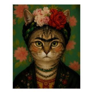 Frida Kahlo Cat Portrait Floral Art Print