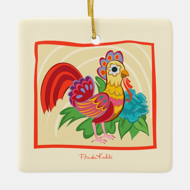 Frida Kahlo Chicken Graphic Ceramic Ornament (Front)
