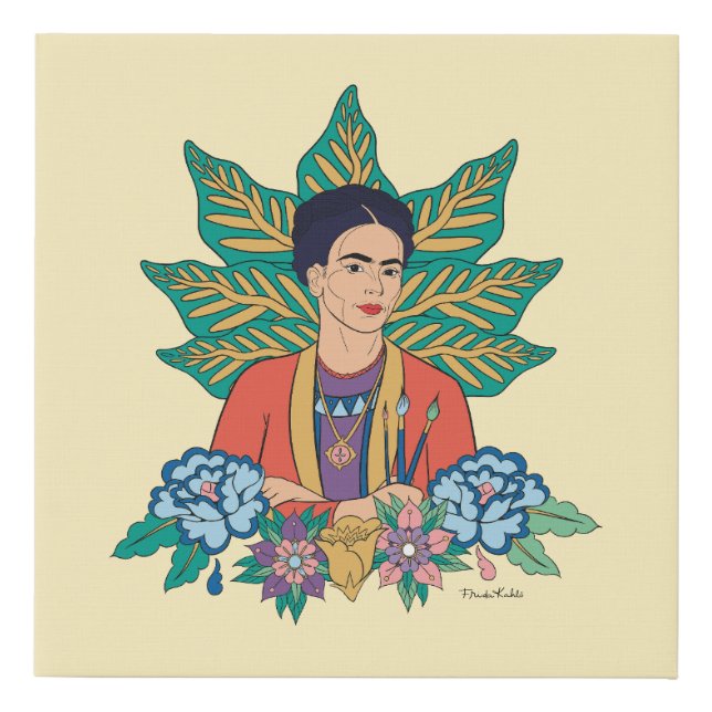 Frida Kahlo Colorful Floral Graphic Faux Canvas Print (Front)