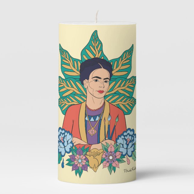 Frida Kahlo Colorful Floral Graphic Pillar Candle (Front)