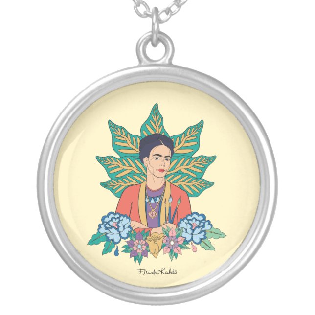 Frida Kahlo Colorful Floral Graphic Silver Plated Necklace (Front)