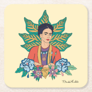 Frida Kahlo Colorful Floral Graphic Square Paper Coaster