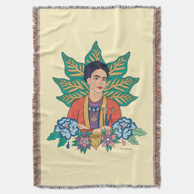 Frida Kahlo Colorful Floral Graphic Throw Blanket (Front Vertical)
