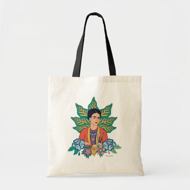 Frida Kahlo Colorful Floral Graphic Tote Bag (Front)