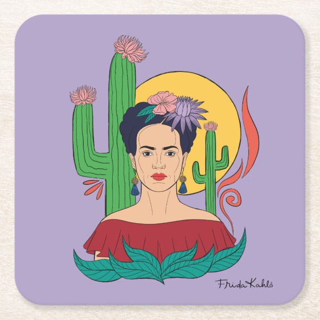 Frida Kahlo Desert Graphic Square Paper Coaster (Front)