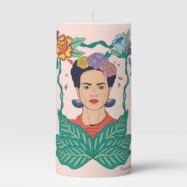Frida Kahlo Floral Frame Graphic Pillar Candle (Front)