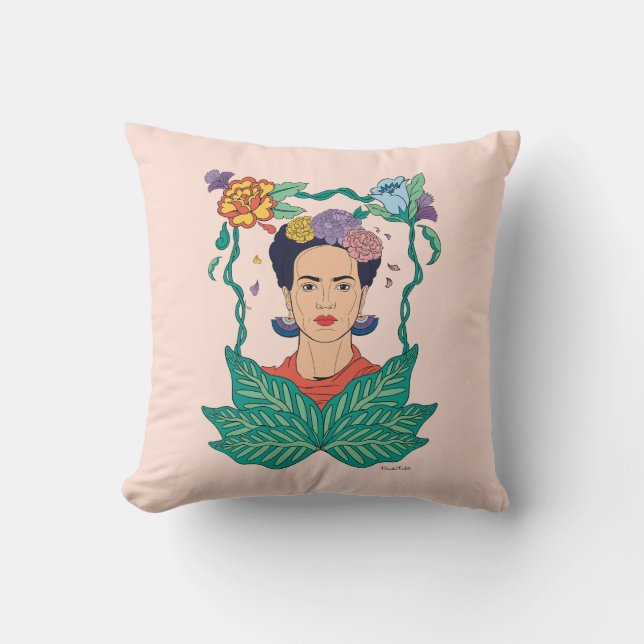 Frida Kahlo Floral Frame Graphic Throw Pillow (Front)