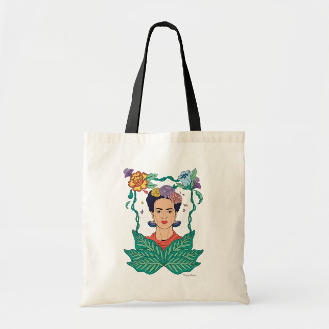 Frida Kahlo Floral Frame Graphic Tote Bag (Front)