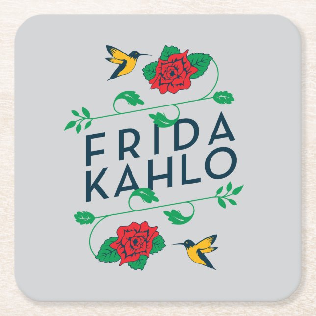Frida Kahlo | Floral Typography Square Paper Coaster (Front)