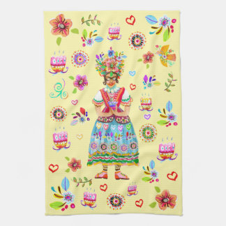 Frida Kahlo Flower Folk Art Inspiration Kitchen Towel