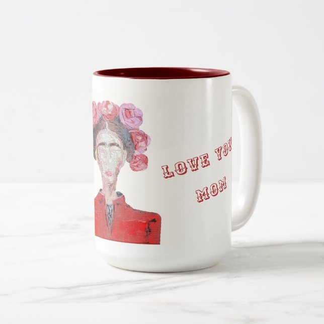 Frida Kahlo Love you Mom White and Red Faceless  Two-Tone Coffee Mug (Front Right)