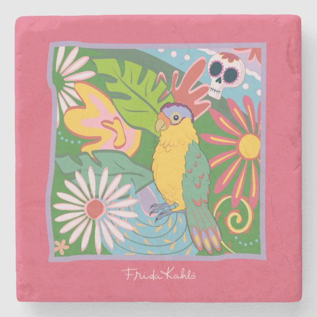 Frida Kahlo Parrot Graphic Stone Coaster (Front)