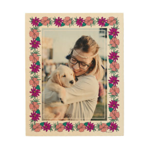 Frida Kahlo Pink and Purple Floral Border Photo Wood Wall Art