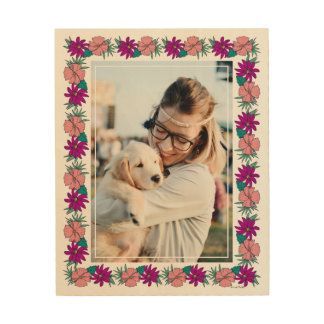 Frida Kahlo Pink and Purple Floral Border Photo Wood Wall Art