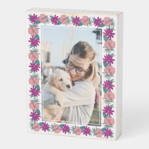 Frida Kahlo Pink and Purple Floral Border Photo Wooden Box Sign