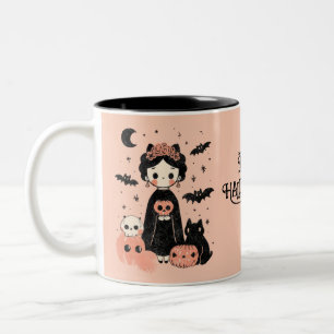 Frida Kahlo Pink Pasteloween Happy Halloween  Two-Tone Coffee Mug