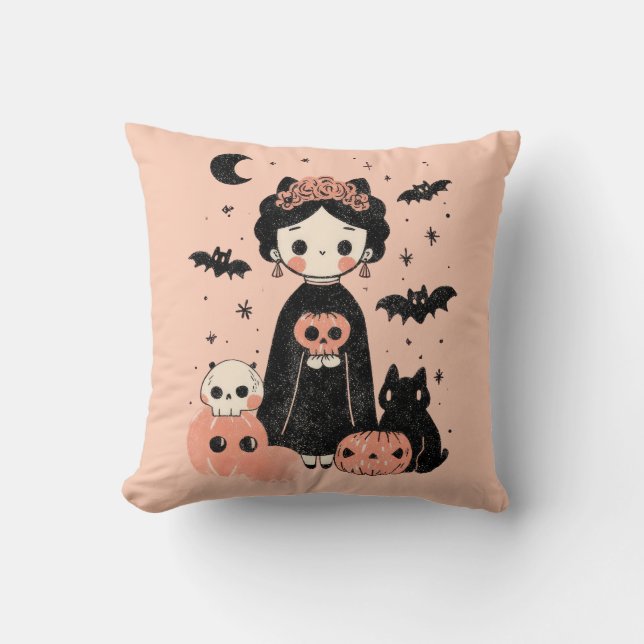 Frida Kahlo Pink Pasteloween Spooky Cute Halloween Throw Pillow (Front)