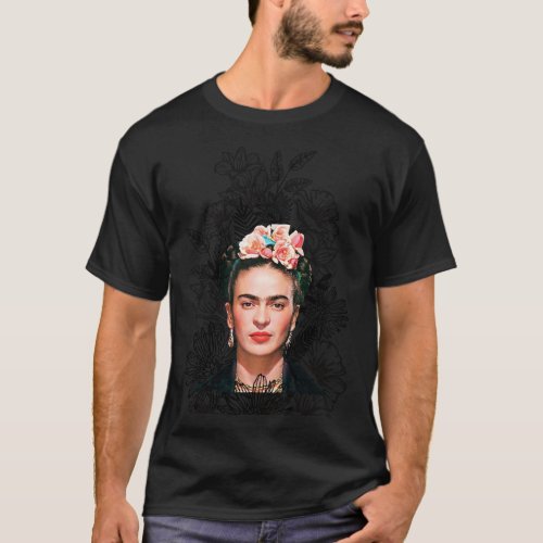 Frida Kahlo portrait color black and white flower T_Shirt