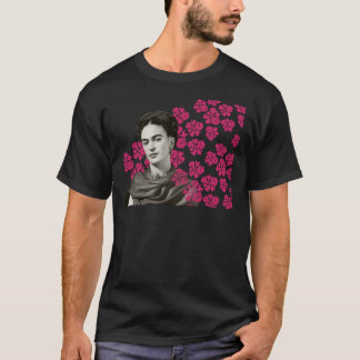 Frida Kahlo print, colored flowers, black and whit T-Shirt