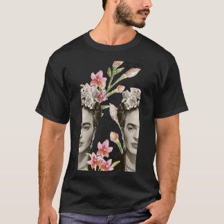 Frida Kahlo print, flowers, color, black and white T-Shirt