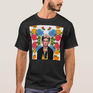 Frida Kahlo print, flowers, color on white Mexican T-Shirt