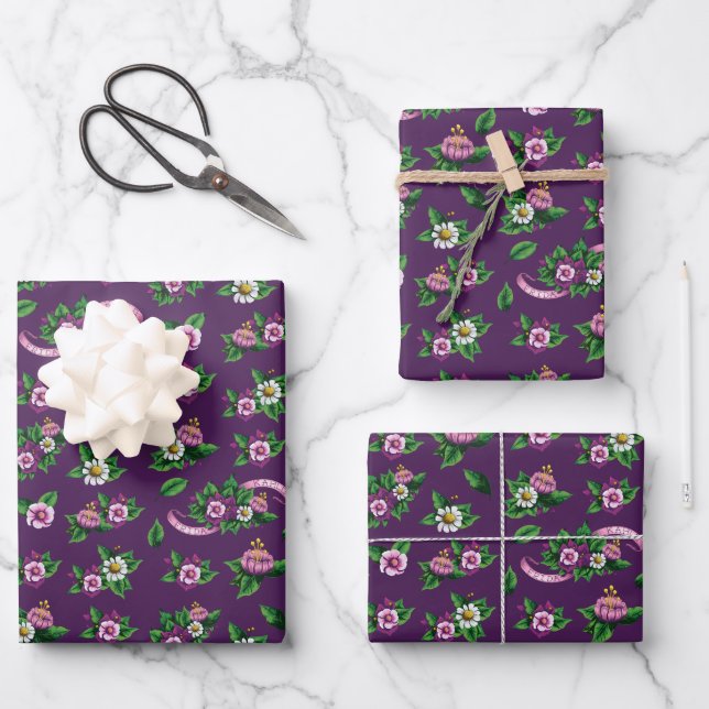 Frida Kahlo | Purple Floral Bouquet Pattern Wrapping Paper Sheets (Front)