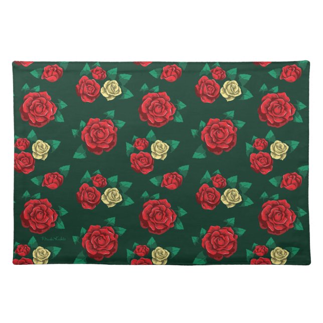 Frida Kahlo | Red and Gold Rose Pattern Cloth Placemat (Front)