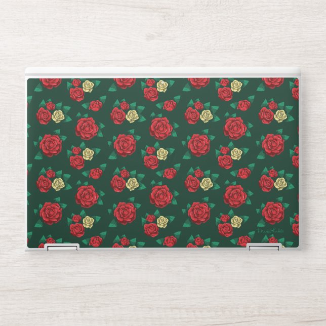 Frida Kahlo | Red and Gold Rose Pattern HP Laptop Skin (Front)