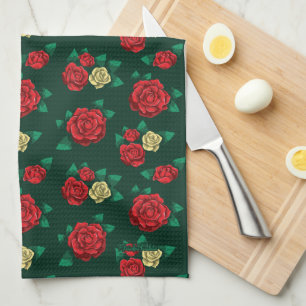 Frida Kahlo Red and Gold Rose Pattern Kitchen Towel