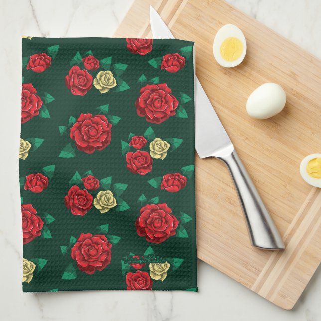 Frida Kahlo | Red and Gold Rose Pattern Kitchen Towel (Quarter Fold)