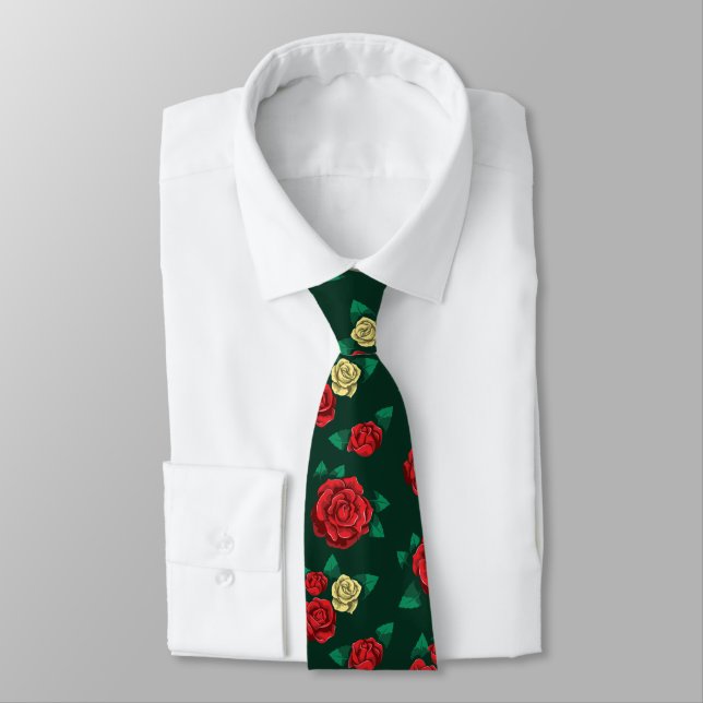 Frida Kahlo | Red and Gold Rose Pattern Neck Tie (Tied)