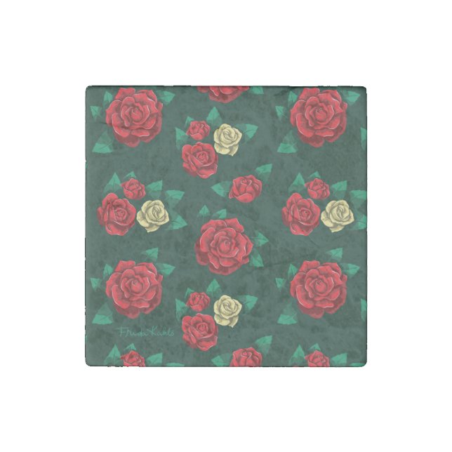 Frida Kahlo | Red and Gold Rose Pattern Stone Magnet (Front)